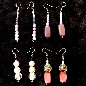 4 pairs of handmade purple & pink beaded earrings
